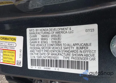 2023 Honda Civic Exl from USA, damaged, VIN 19XFL1H71PE016931